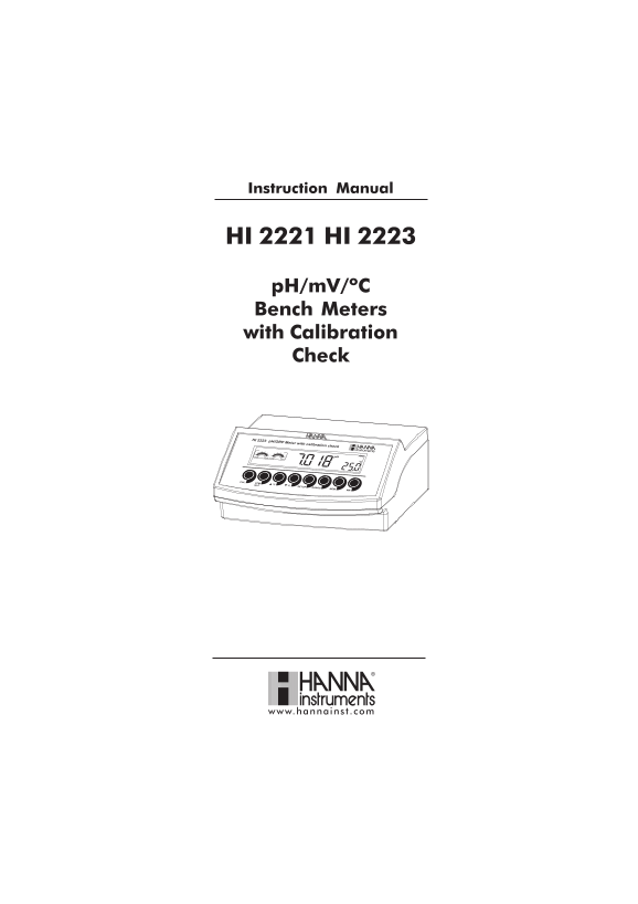 Hanna HI 2221 HI 2223 pH mV ºC Bench Meters with Calibration Check Instruction Manual - Page 1