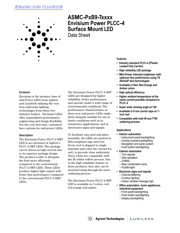 Agilent Technologies ASMC-PxB9-Envisium Power PLCC-4 SMD LED Data Manual, Specification Sheet - Page 1