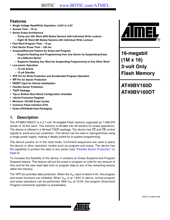 ATMEL AT49BV160DT Data Handbook - Page 1