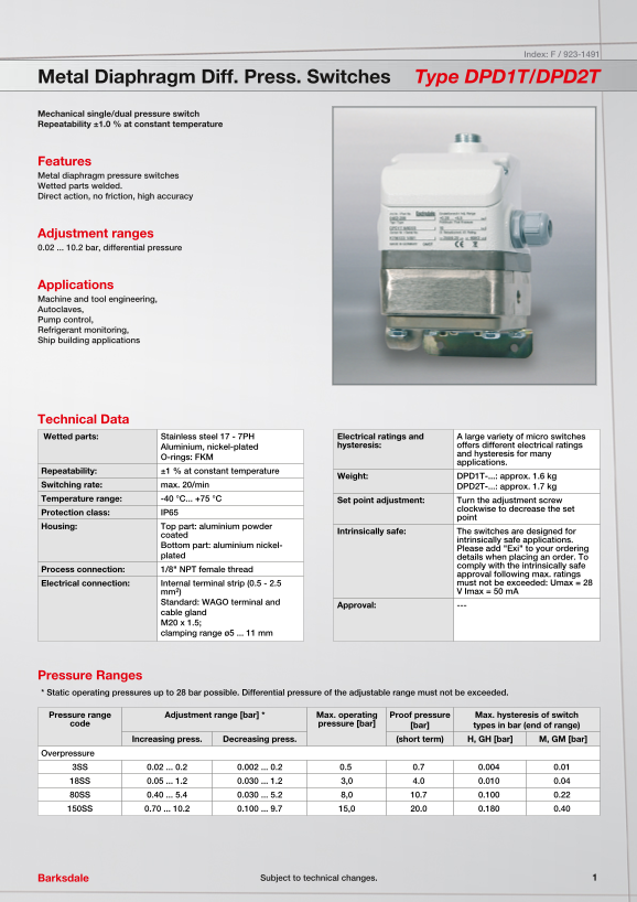 Barksdale DPD1T/DPD2T Technology Data User's Manual - Page 1
