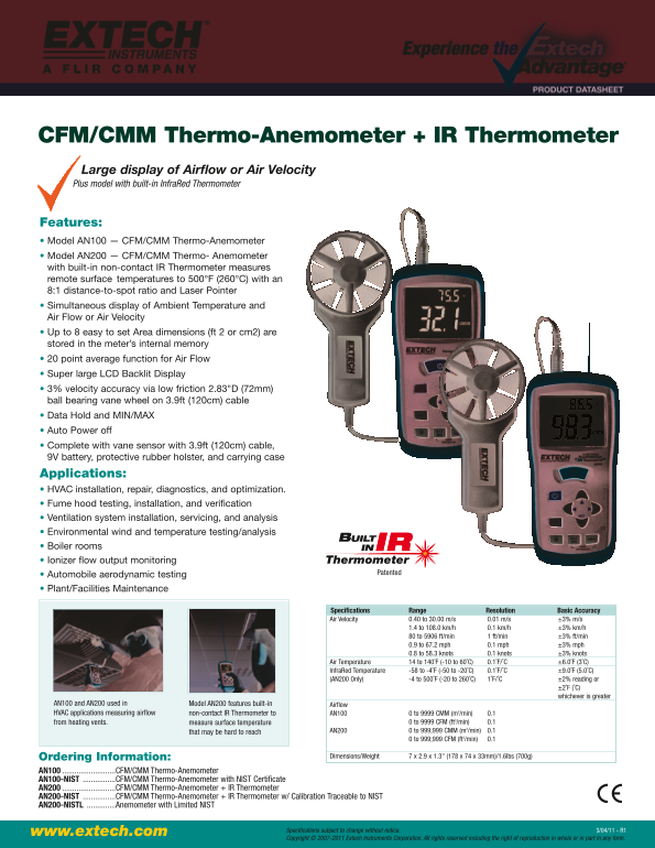 EXTECH CFM CMM Thermo-Anemometer + IR Thermometer AN100 User Manual Data Handbook - Page 1