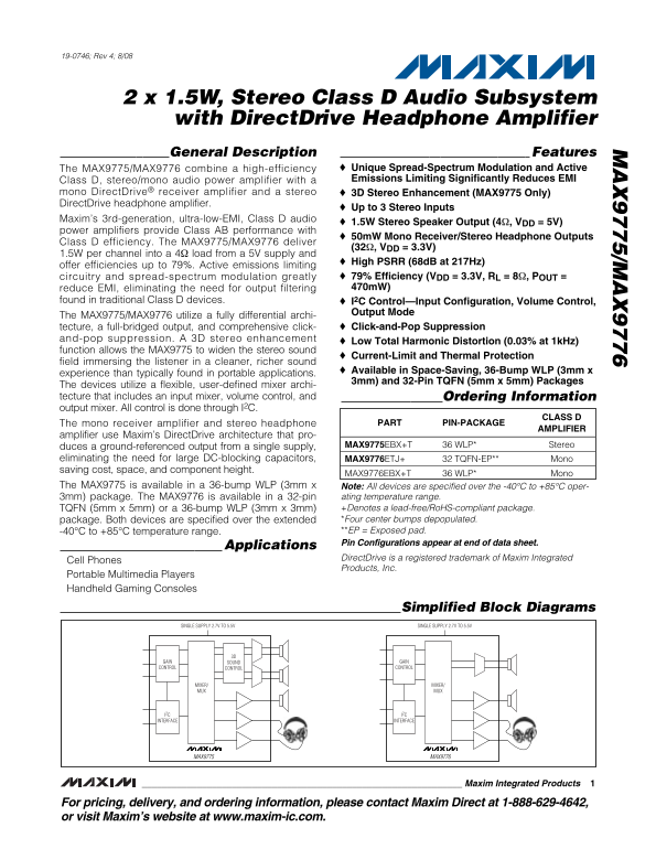 MAXIM MAX9775 MAX9776 2x1.5W, Stereo Class-D Audio Subsystem with DirectDrive Headphone Amplifier - Page 1