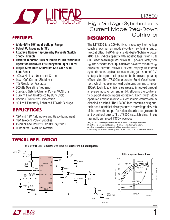 LINEAR TECHNOLOGY LT3800 High-Voltage Synchronous Current Mode Step-Down Controller User Manual - Page 1