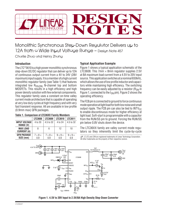 LINEAR Monolithic Synchronous Step-Down Regulator for High Current Output and Wider Input Voltage Range - Design Note 457 - Page 1