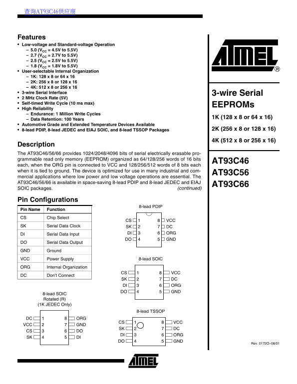 ATMEL AT93C46, AT93C56, AT93C66 3-wire Serial EEPROMs User Manual and Specifications - Page 1