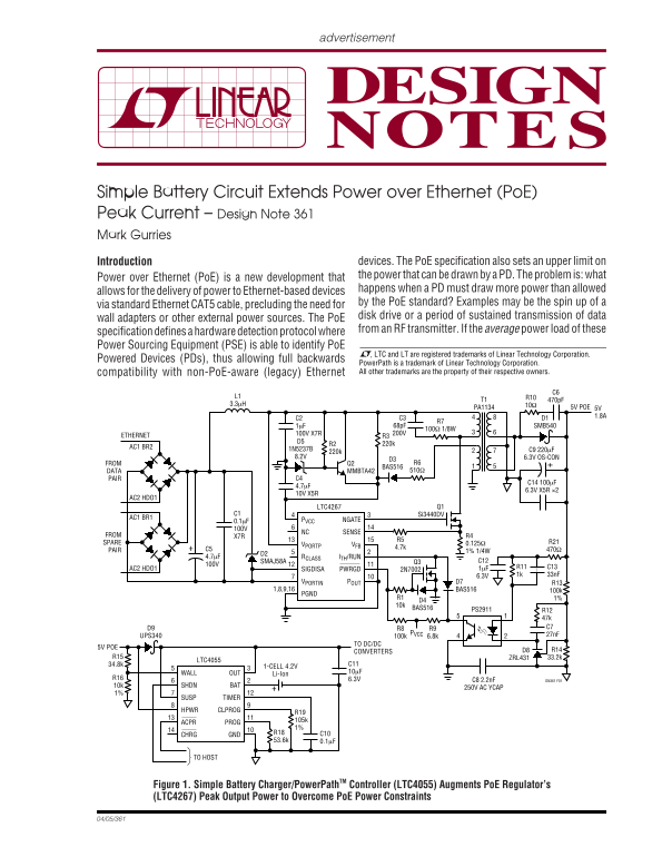 LINEAR Simple Battery Circuit for PoE Extension – Peak Current Limitation – Design Note DN361 - Page 1