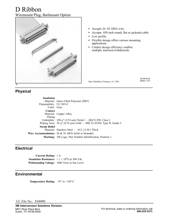 3M D Ribbon Wiremount Plug, Bailmount Option User's Manual - Page 1