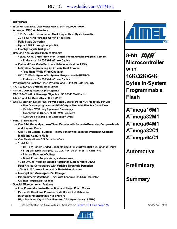 ATMEL AVR Microcontroller ATmega32M1 Data Sheet - Page 1