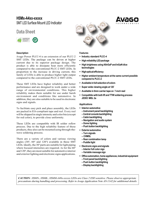 AVAGO TECHNOLOGIES HSMx-A4xx-xxxxx SMT LED Surface Mount LED Indicator Manual - Page 1