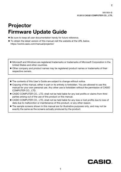 Casio Projector XJ-F11X, XJ-F21XN, XJ-F101W, XJ-F211WN Firmware Update Guide - Page 1