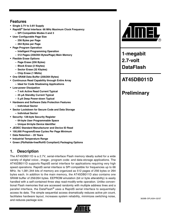 ATMEL AT45DB011D Preliminary Specifications - Page 1