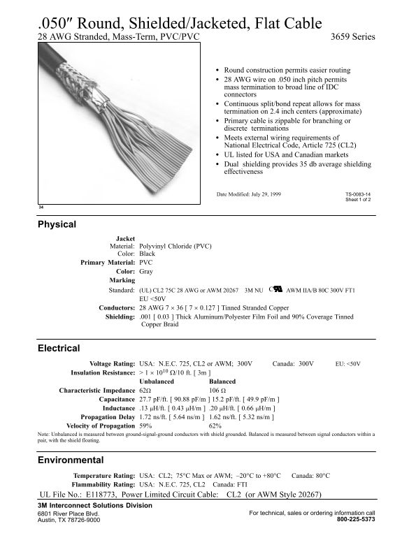 3M .050" Round, Shielded Jacketed, Flat Cable 3659 Series Owner's Manual - Specifications and User Guide - Page 1