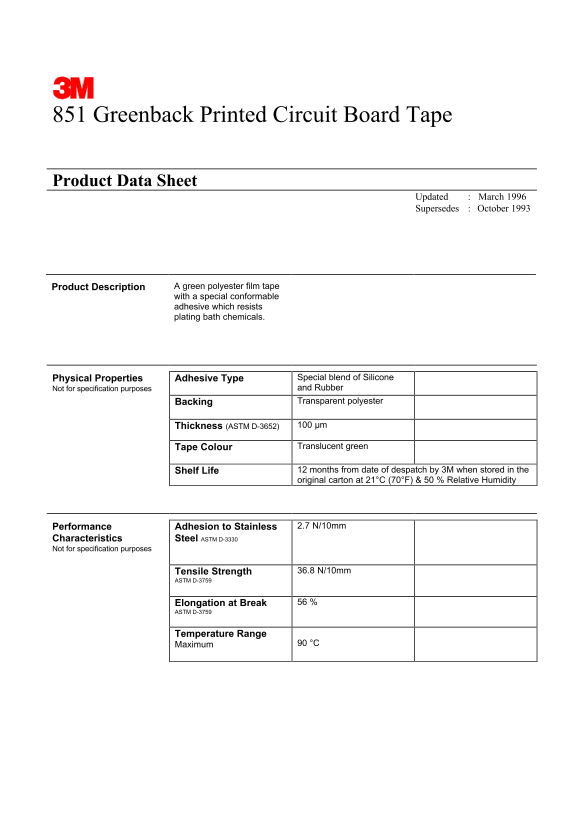 3M 851 Greenback Printed Circuit Board Tape User's Guide - Page 1