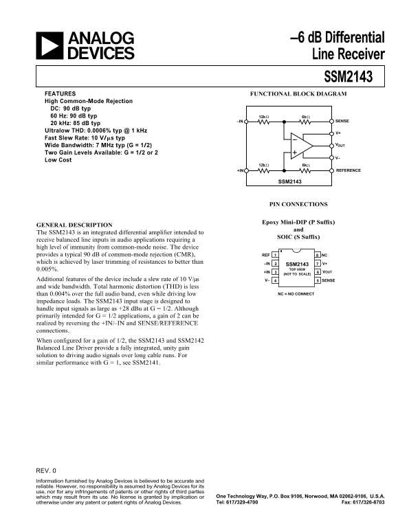 ANALOG DEVICES SSM2143 –6 dB Differential Line Receiver Specification Guide User Manual - Page 1