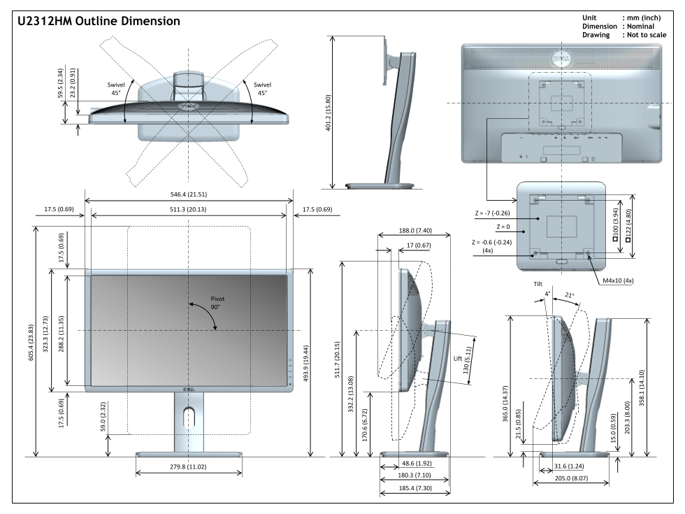 Dell U2312HM Monitor Contour Diagram User's Manual - Page 1