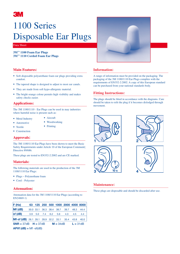 3M 1100 Series Disposable Ear Plugs Data Sheet - Page 1