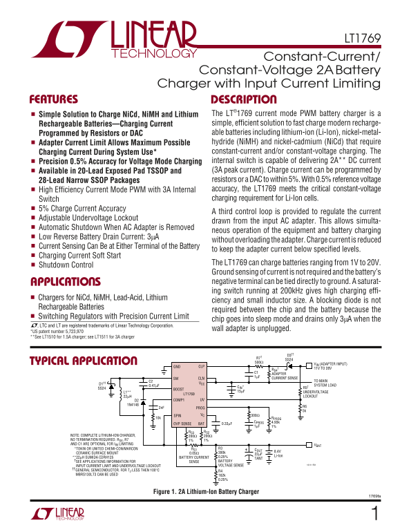 LINEAR TECHNOLOGY LT1769 1769fa Constant-Current Constant-Voltage 2A Battery Charger with Input Current Limiting - Page 1
