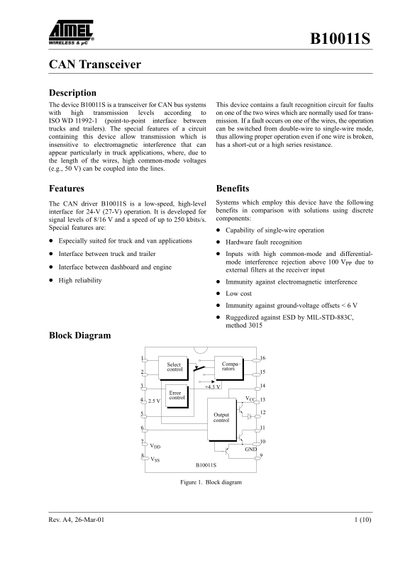 ATMEL B10011S CAN Transceiver Data Manual - Page 1