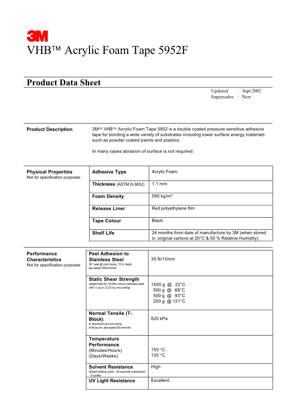 3M VHB Acrylic Foam Tape 5952F User's Manual - Page 1