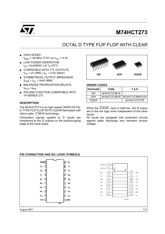 ST M74HCT273 Octal D Type Flip Flop with Clear Data Sheet Owner's Manual - Page 1