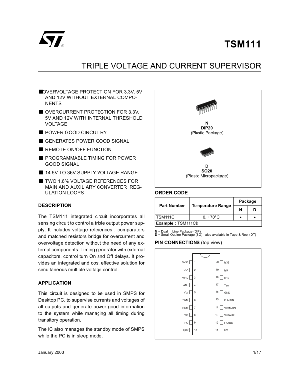 ST TSM111 Triple Voltage and Current Supervisor Data Handbook - Page 1