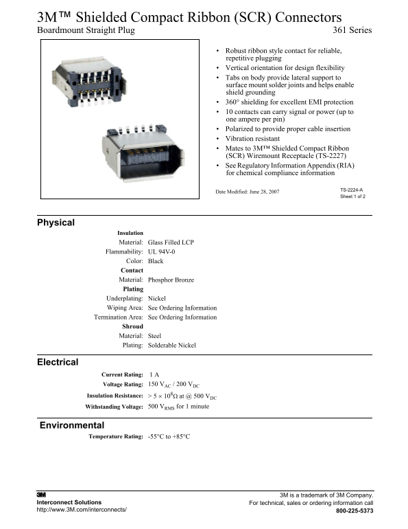 3M Shielded Compact Ribbon (SCR) Connectors 361 Series User's Manual and Specifications - Page 1