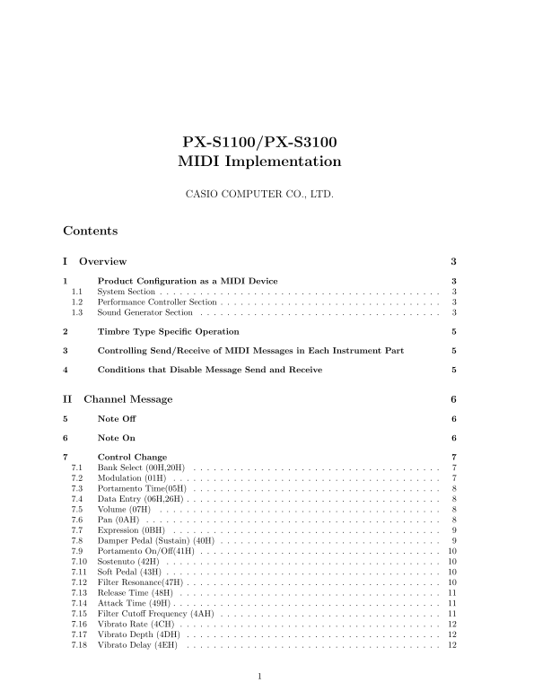 Casio PX-S1100 MIDI Implementation User Guide - MIDI Specifications - Page 1