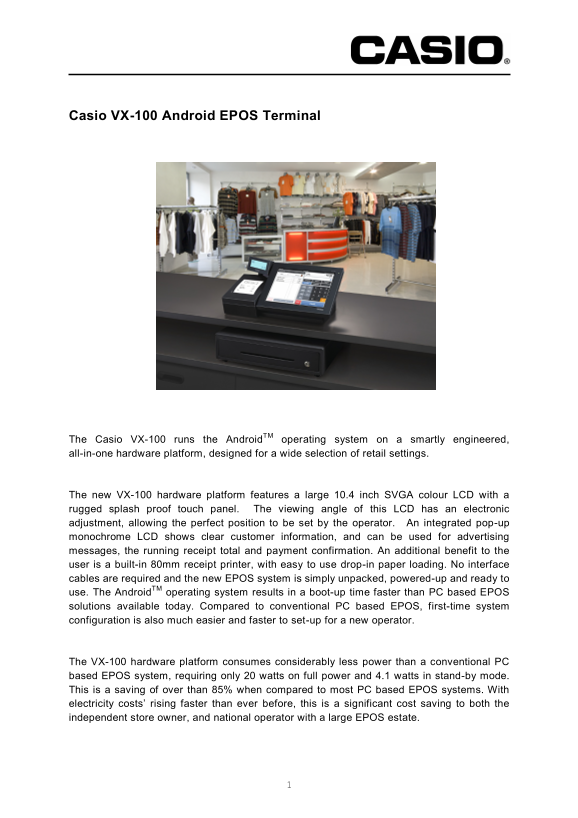 Casio VX-100 Android EPOS Terminal User Guide - Page 1