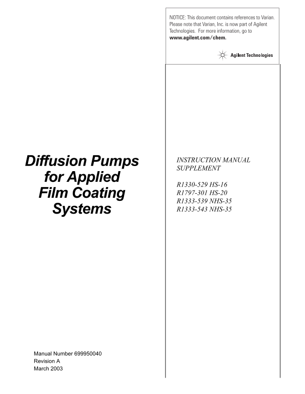 Agilent Technologies Diffusion Pumps for Applied Film Coating Systems R1330-529 HS-16 Owner's Manual User Guide - Page 1