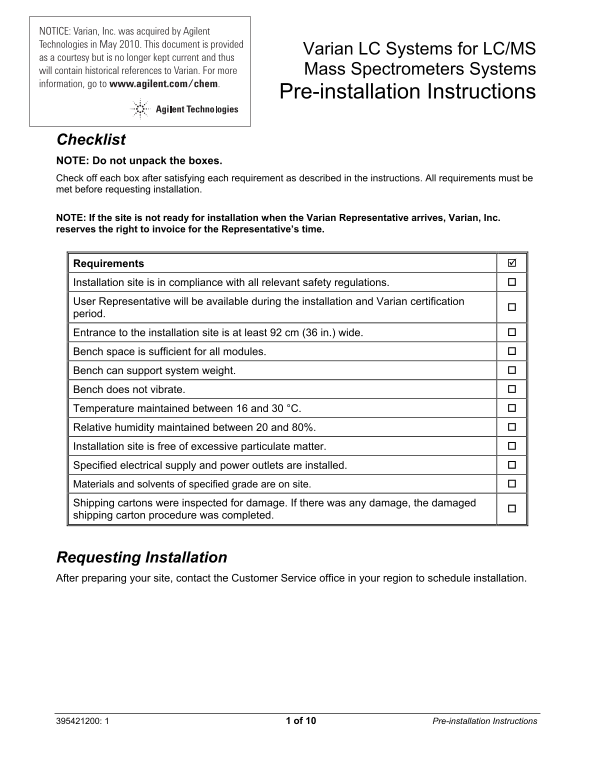 Agilent Technologies LC Systems for LC-MS Mass Spectrometers Systems - Pre-Installation Instructions & Manuals - Page 1