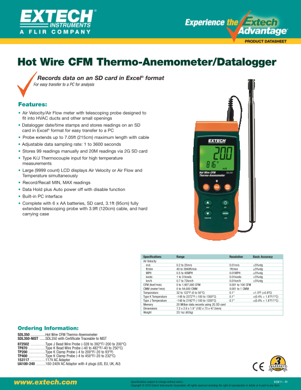 Extech Hot Wire CFM Thermo-Anemometer Data Logger SDL350 User Guide and Manual - Page 1