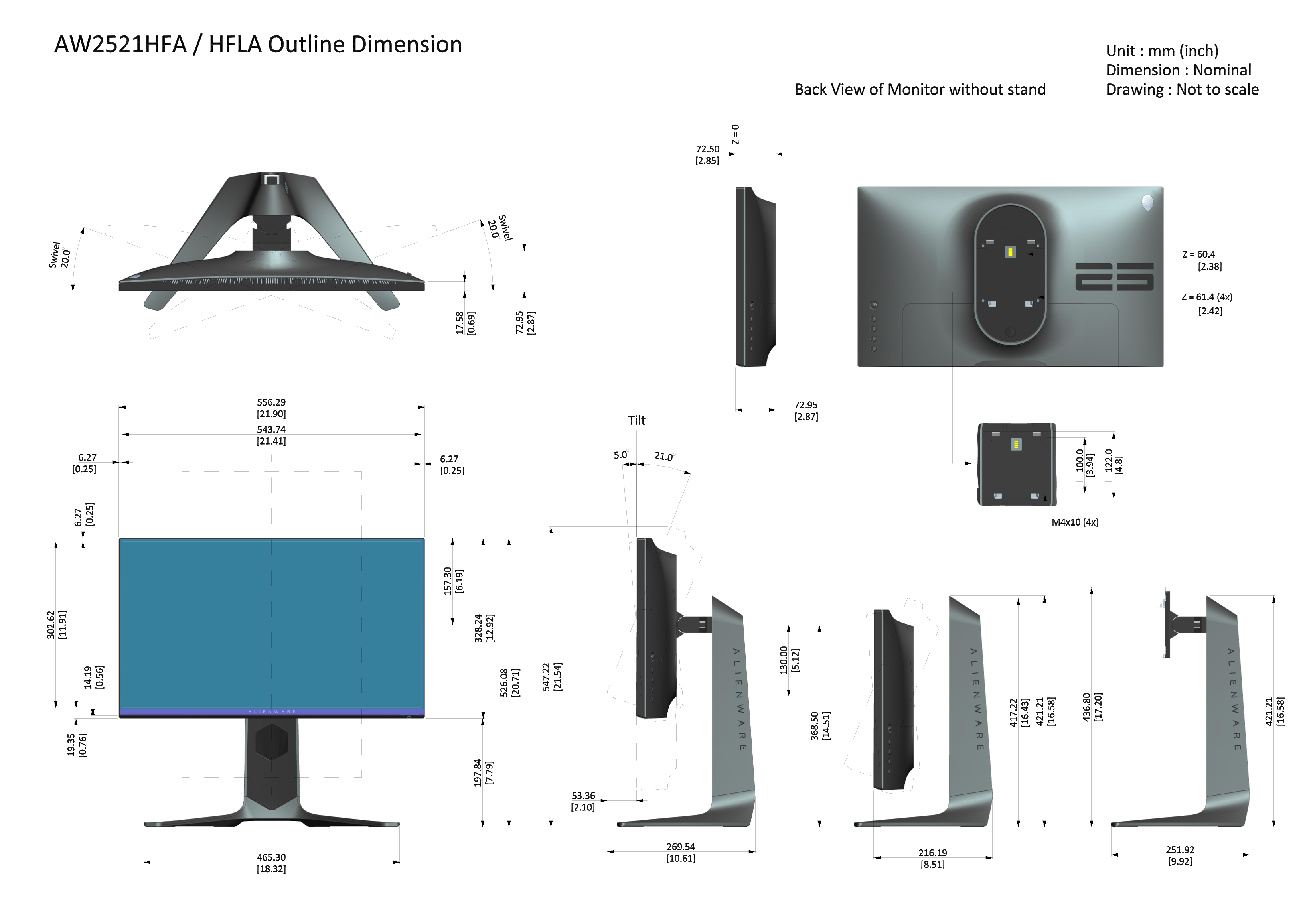 Dell Alienware AW2521HFLA Monitor Outline Drawing - Owner's Manual - Page 1